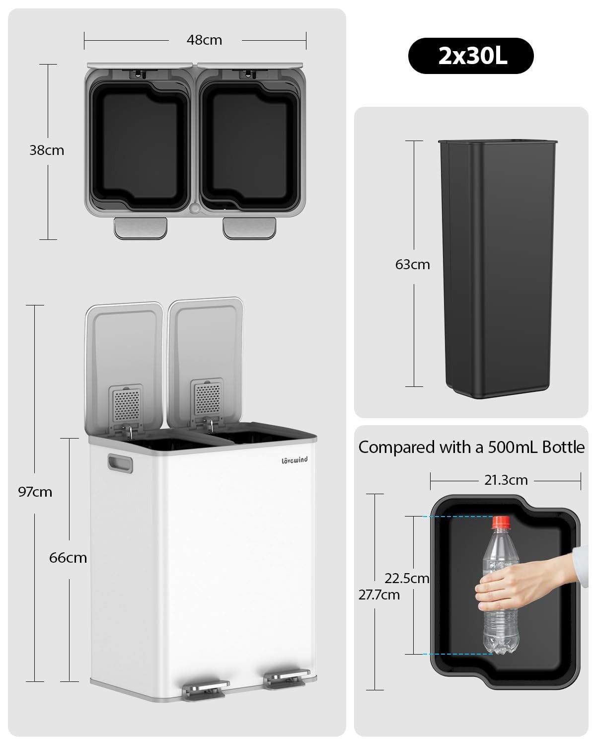 60L Double Kitchen Bin 2x30L White Soft Close Recycling