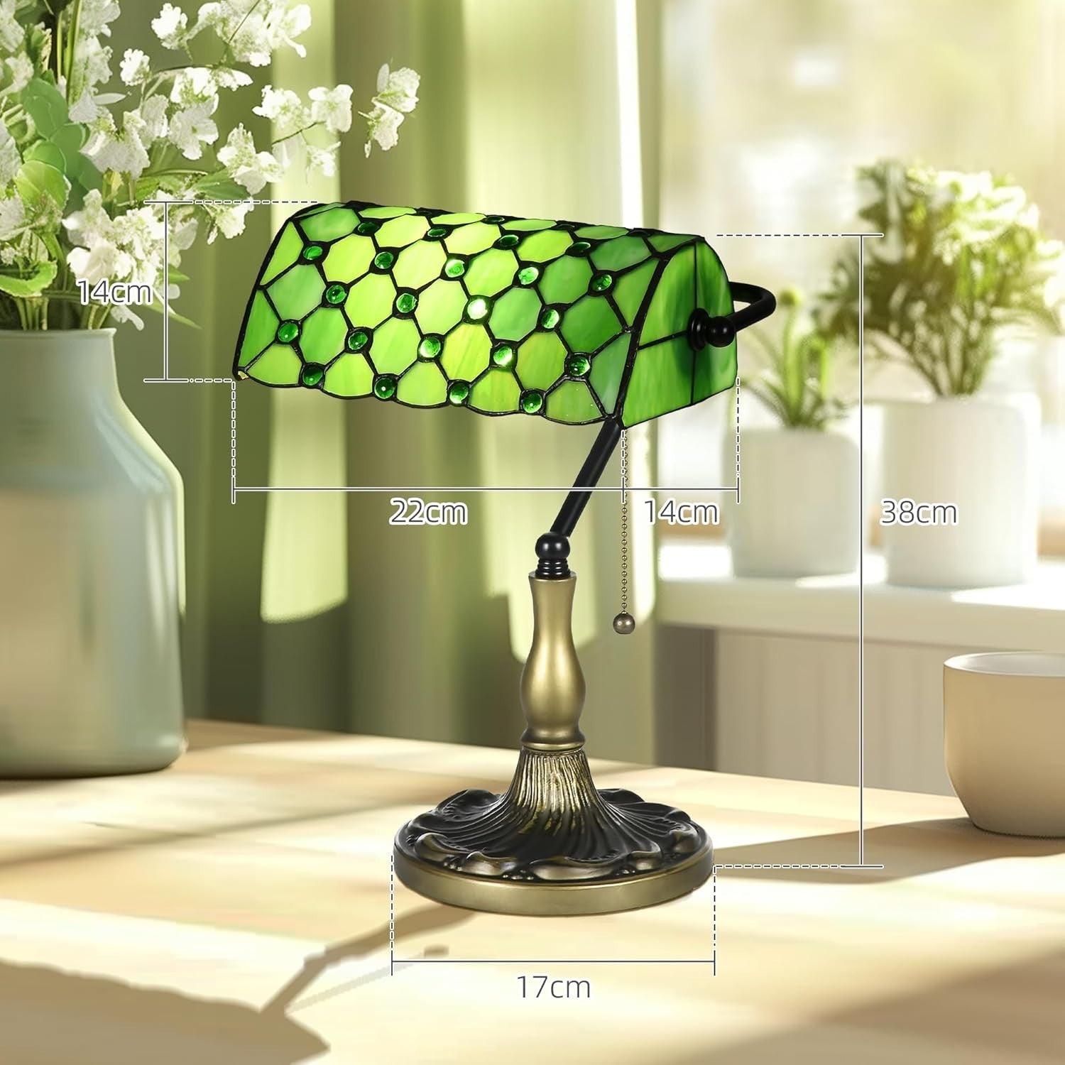 Vintage Stained Glass Table Lamp with Green Shade & Adjustable Light, 38cm