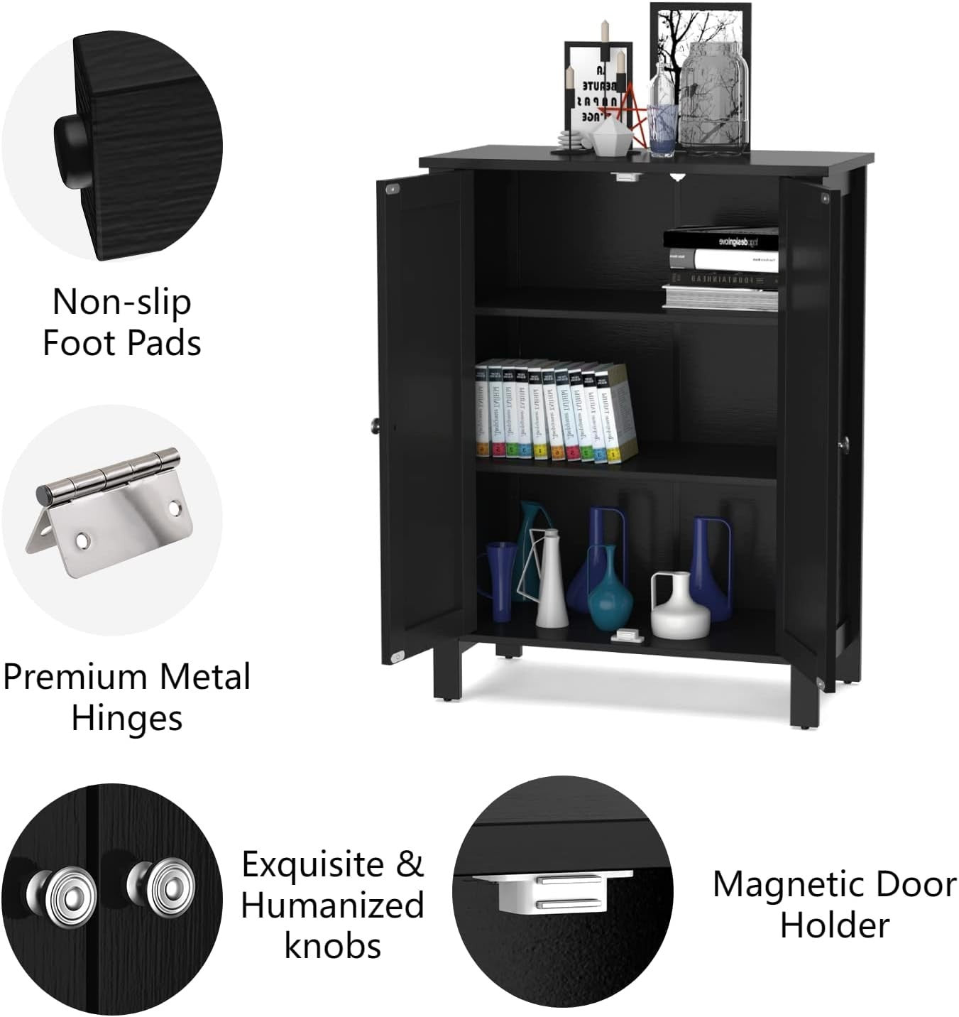 Adjustable Bathroom Floor Cabinet 3-Shelf Storage Organizer 60x30x80cm Black