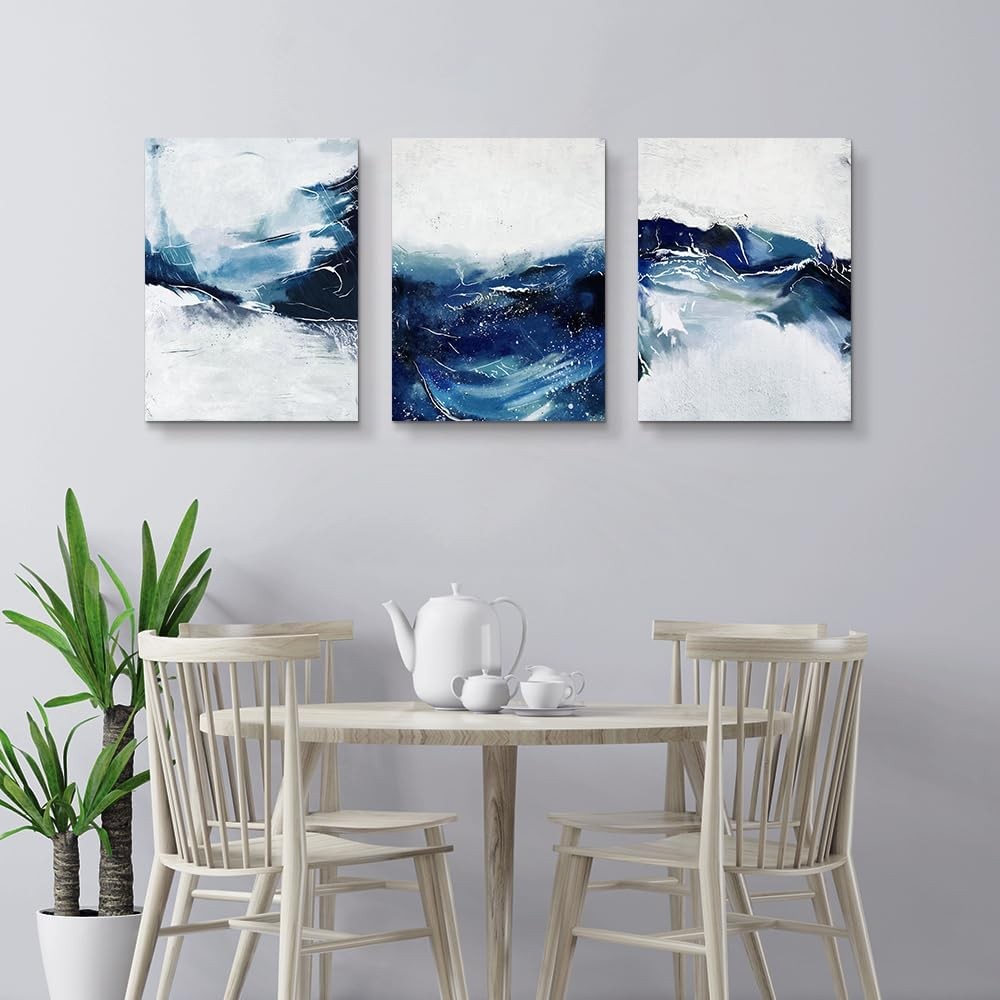 3Pcs Large Navy Blue Abstract Canvas Wall Art – Modern Living Room Decor