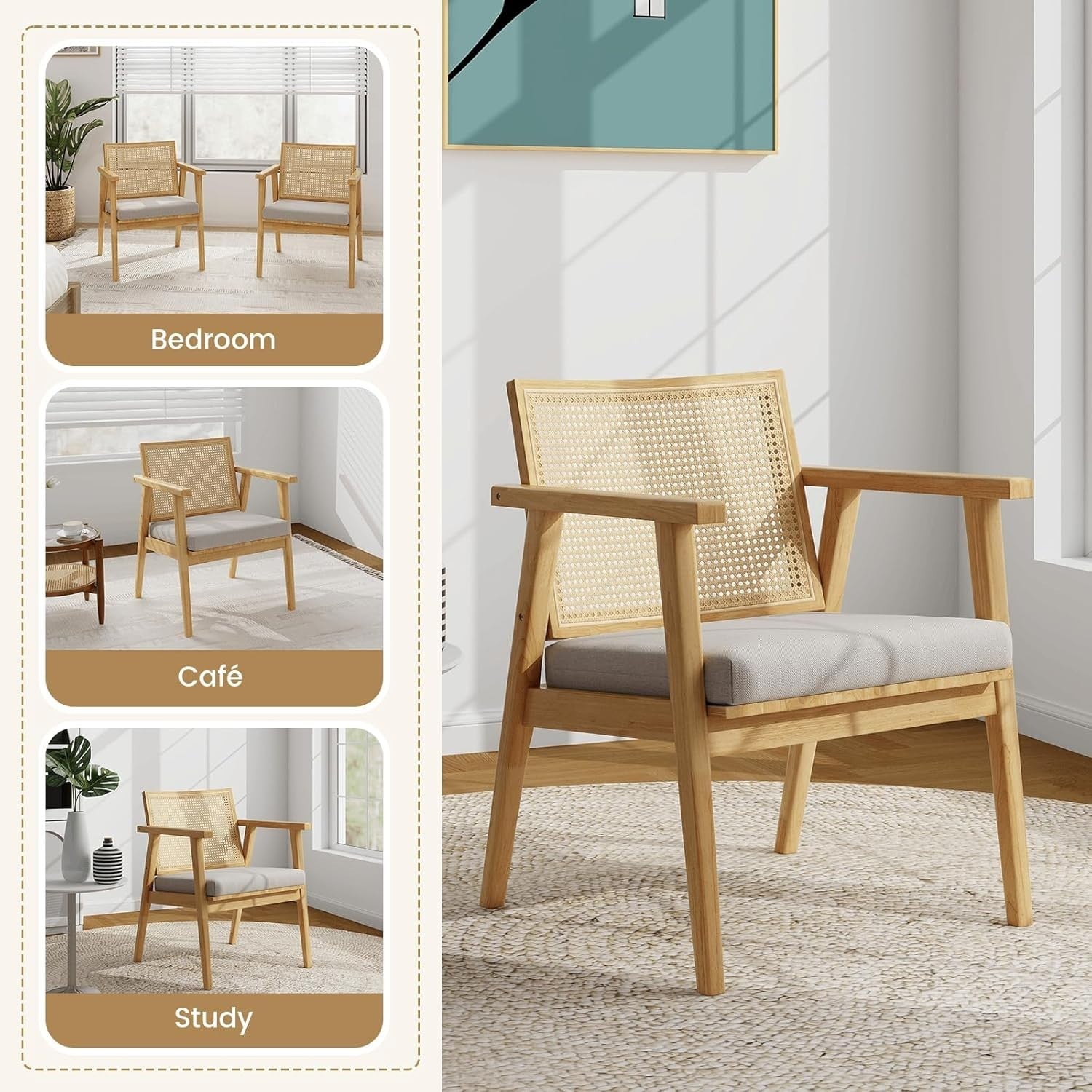 Set of 2 Rattan Accent Armchairs Solid Wood Frame Cushioned Lounge Chairs