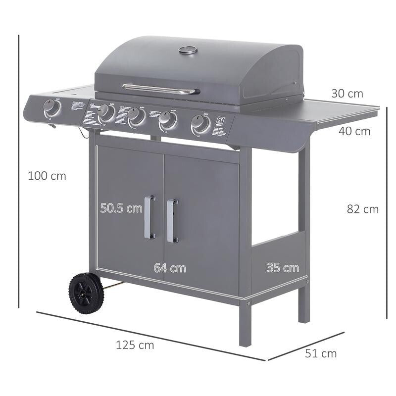 4+1 Burner Gas BBQ Grill with Thermometer, Side Shelves, Cabinet & Wheels