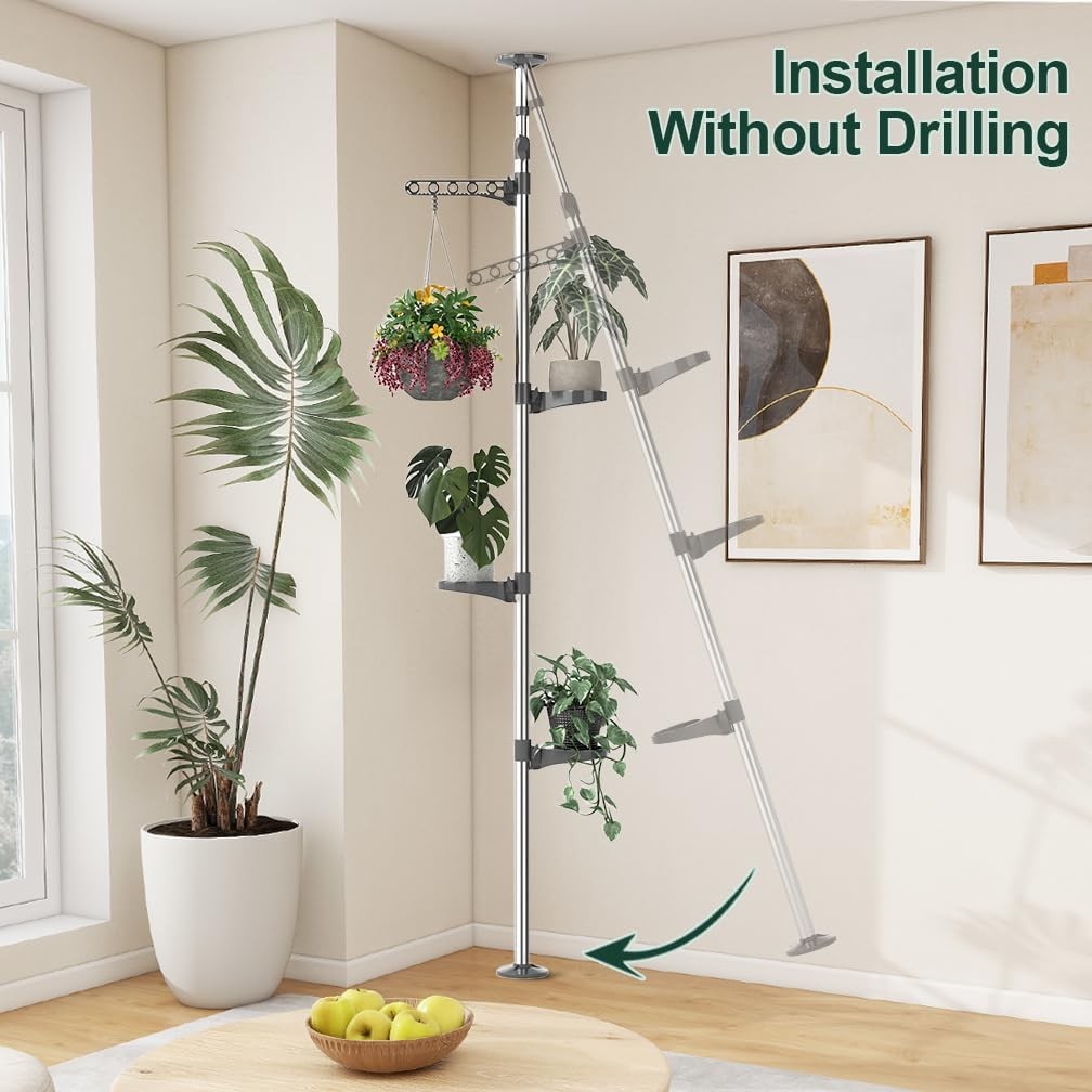 3 Tier Adjustable Indoor Plant Stand Floor to Ceiling Tension Pole Shelf Space S