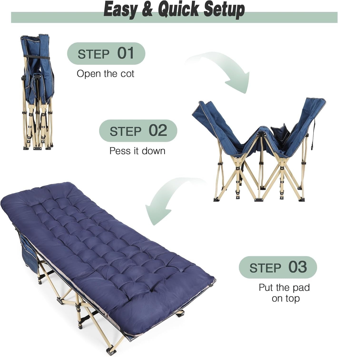 Folding Camp Bed with Thick Mattress | 500lbs Heavy Duty Blue Sleeping Cot