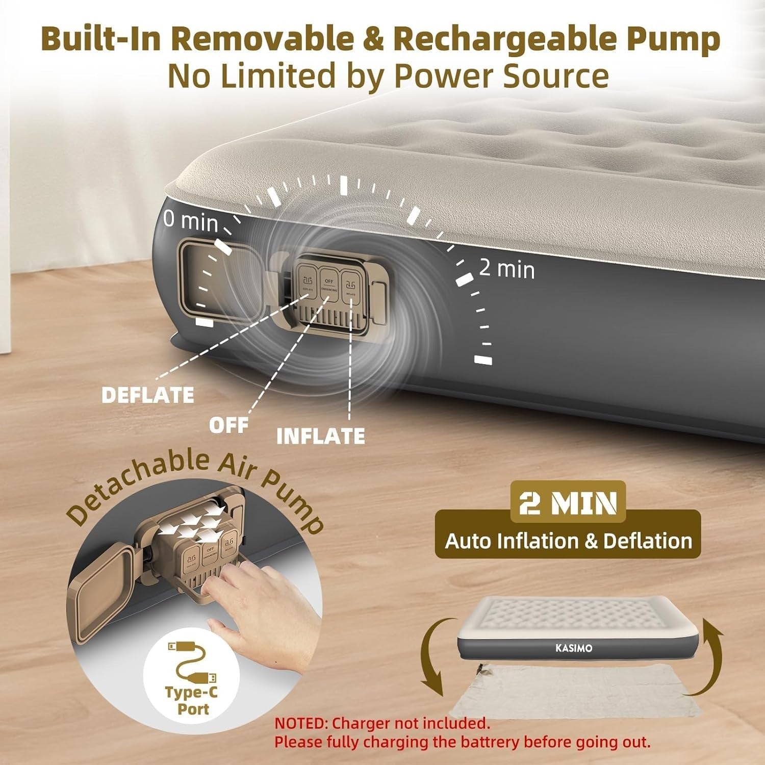 Single Inflatable Air Mattress with Built-in Battery Pump & Pillow