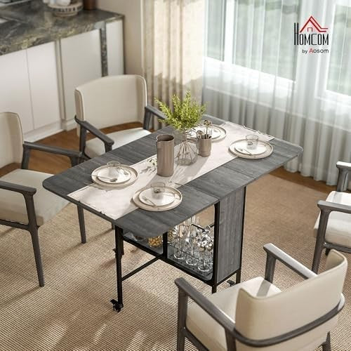 Folding Drop Leaf Dining Table with Wheels & Storage Shelf for Small Spaces