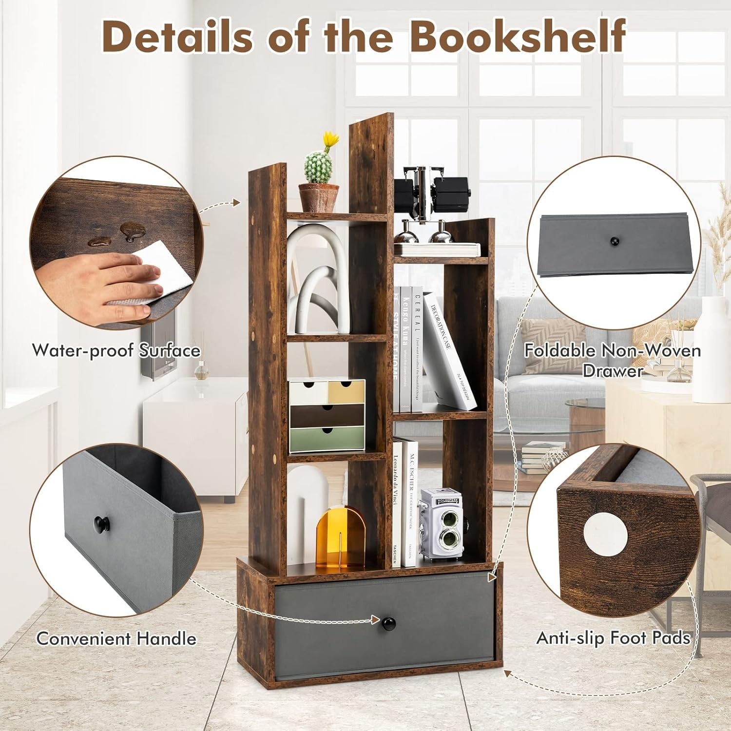Rustic Brown Tree-Shaped Bookcase Tall 7 Cube Storage Shelf with Drawer