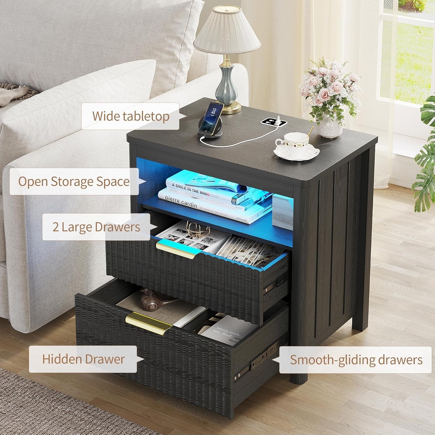 24" Wide Black Bedside Table with Charging Station, LED Light & 3 Drawers
