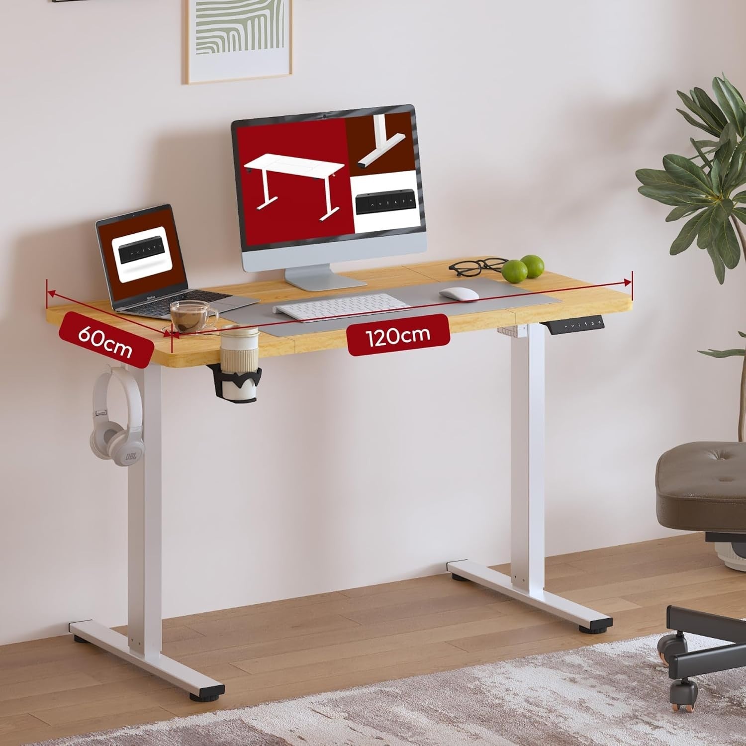 White Electric Standing Desk 120x60cm with Memory Control & Maple Top