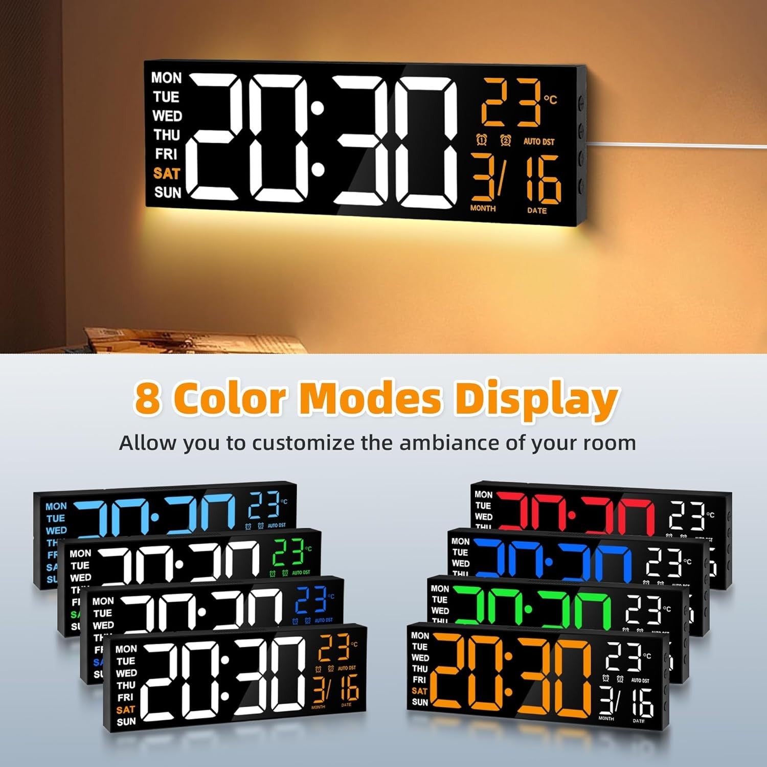 16 Inch Large Digital Wall Clock RGB LED Remote Dual Alarm Temp Date
