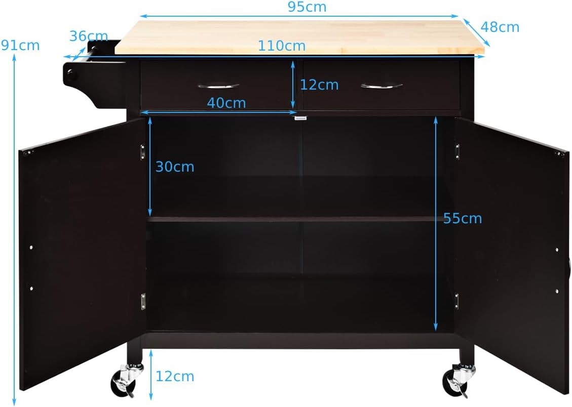 Kitchen Island Trolley Rolling Storage Cart Wooden Worktop Drawers on Wheels