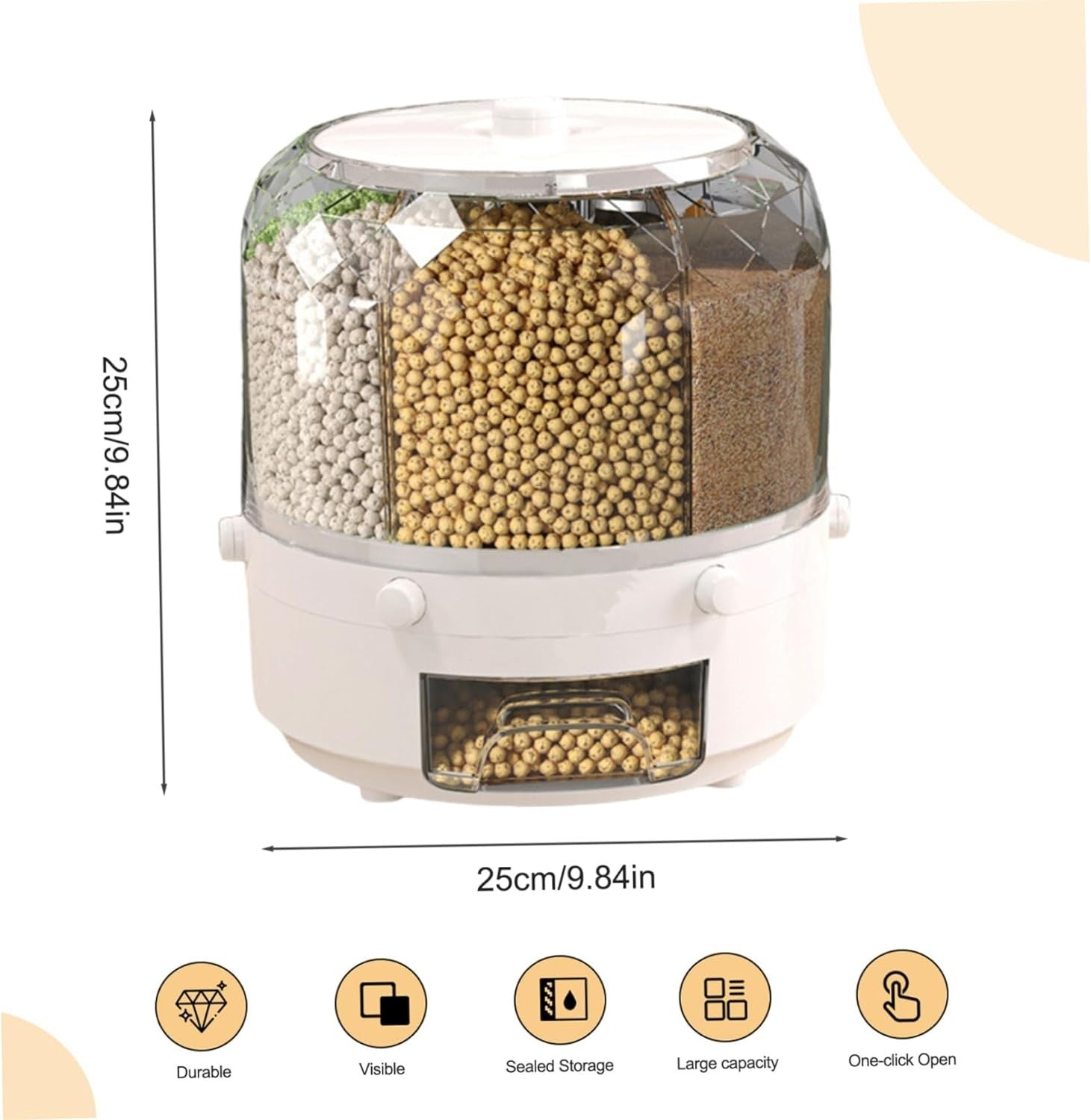 360° Rotating Cereal Dispenser 6 Grid Grain Storage Container Bin