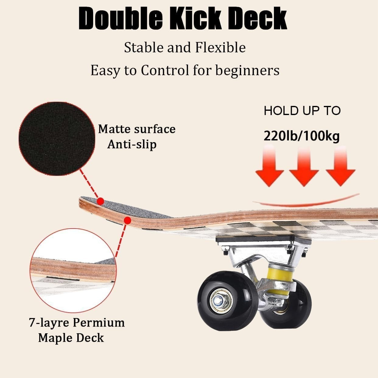 31in Complete Skateboard Beginners Kids Adults Double Kick Maple Deck Tool