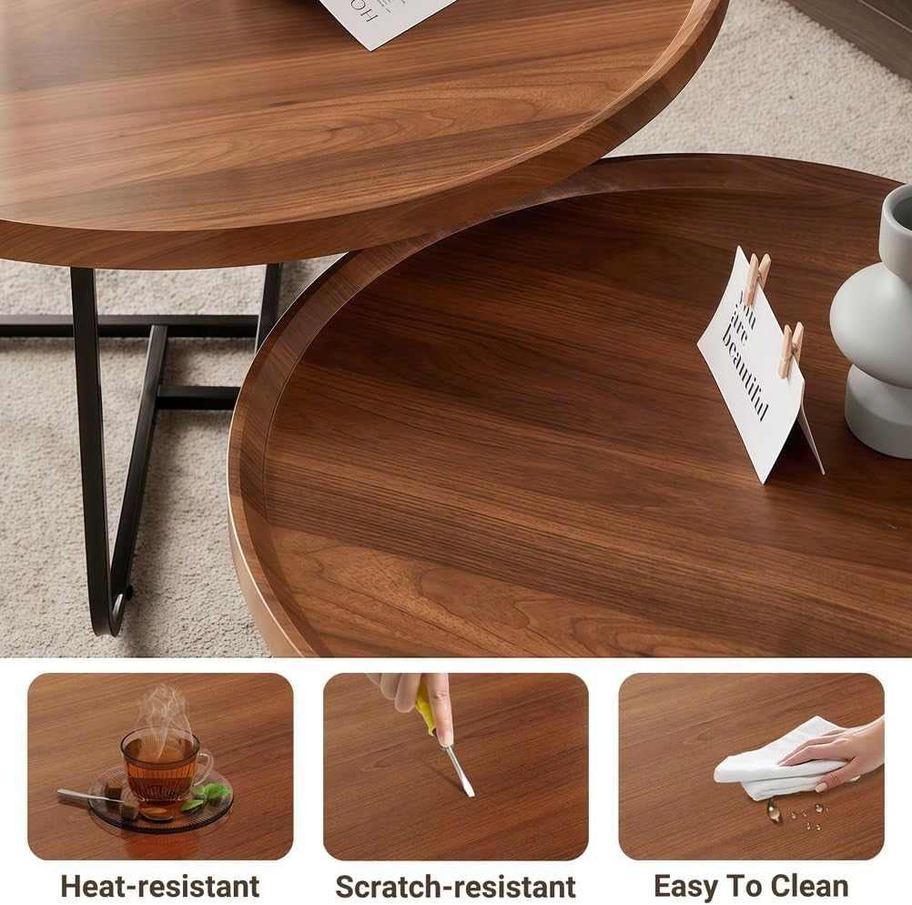 Walnut Nesting Coffee Tables Set of 2 Round Side Table Living Room Storage