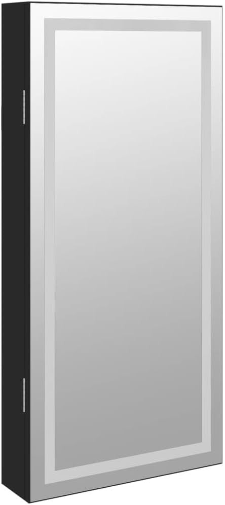 Compact LED Wall Jewelry Cabinet Frameless Mirror Lockable Storage Black