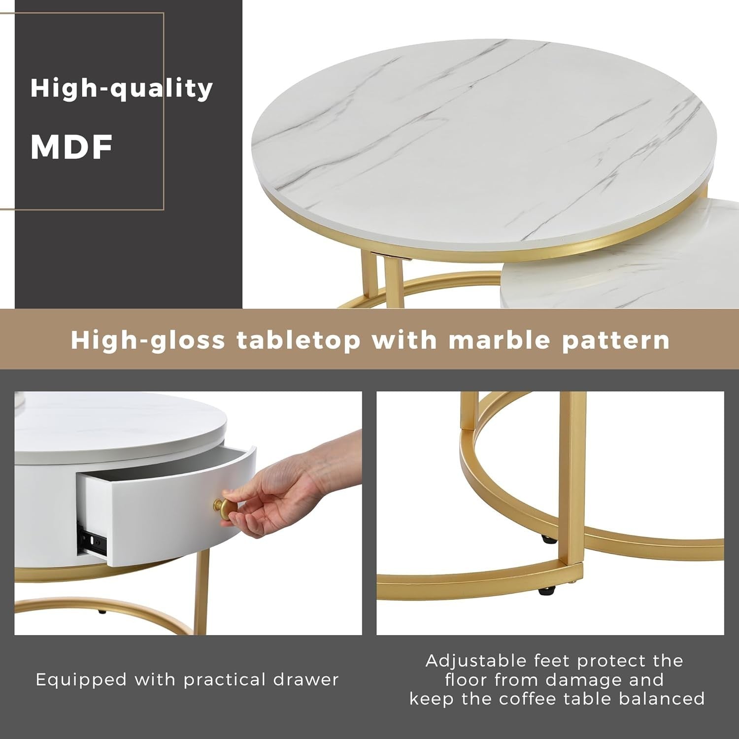 Nest Coffee Table Set 2Pc Round Faux Marble Gold Metal Frame Adjustable Storage