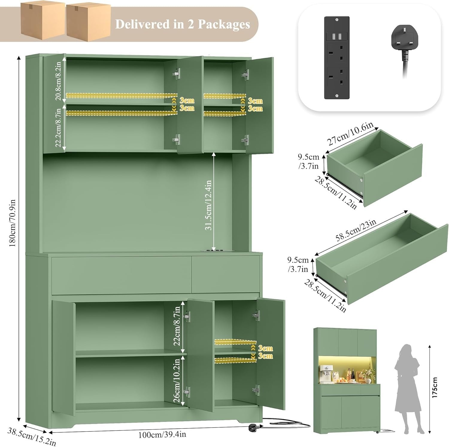 Green 180cm Tall Kitchen Cupboard 6 Doors 2 Drawers LED & Power Outlet