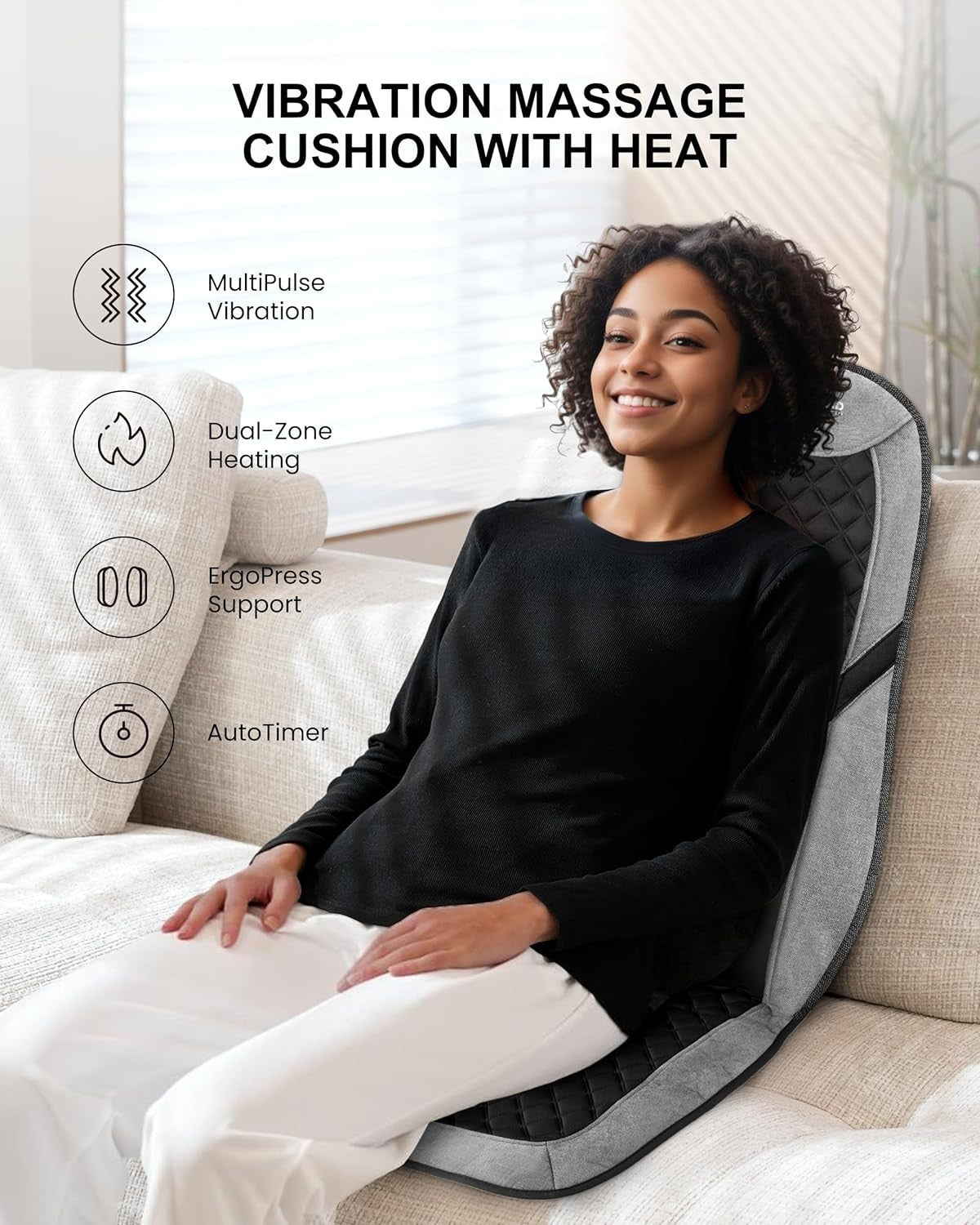 Vibration Back Massager Heat Lumbar Support 10-Motor Chair Pad Pain Relief