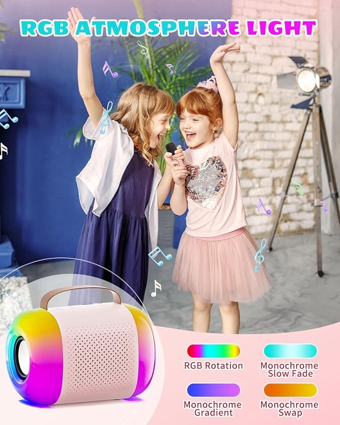 Mini Bluetooth Karaoke Machine for Kids with 1 Mic, LED Lights & Voice Changer