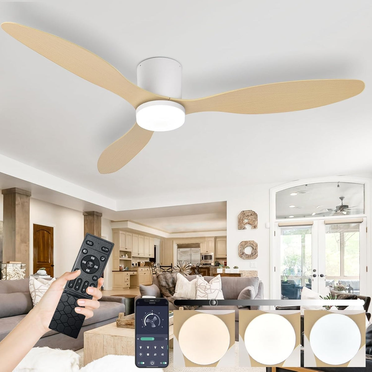 AQLEDY 42" Ceiling Fan with Light, 6-Speed, Remote, Reversible, White-Wood