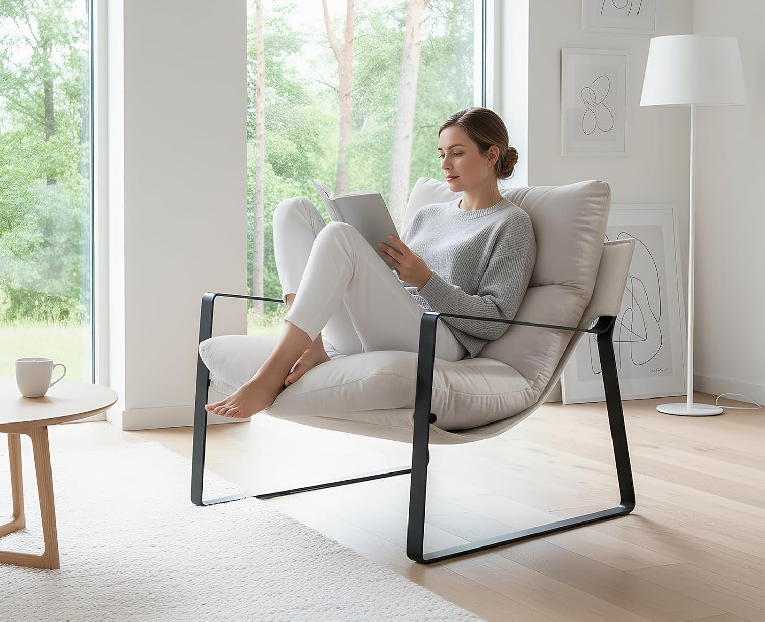 Beige Chenille Accent Chair Modern Lounge Armchair Metal Frame