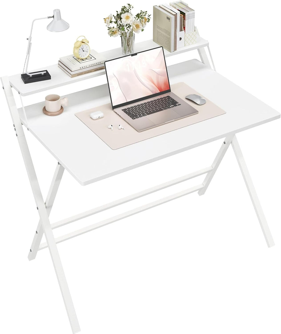 Foldable Computer Desk Large 100cm with Monitor Stand Small Space White
