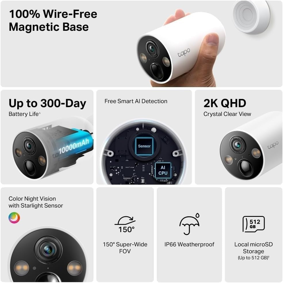 2K QHD Wireless Security Camera Outdoor 300 Day Battery AI Detection