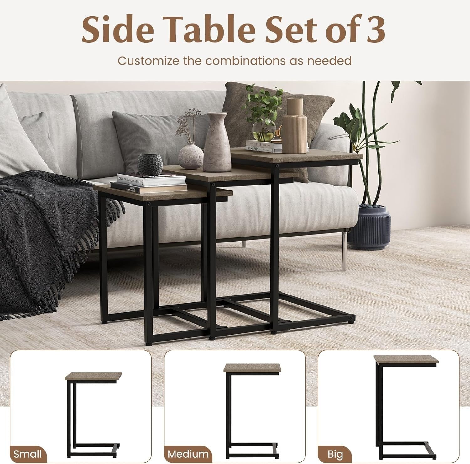 Nest of 3 C Table End Tables Stackable Coffee Side Laptop Sofa Tray Grey Oak