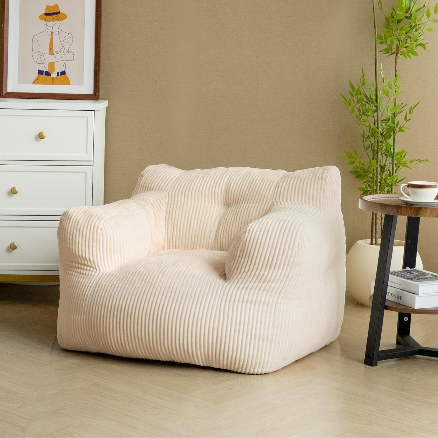 Comfy Bean Bag Chair for Adults with Sponge Filling, Ergonomic Sofa - Beige