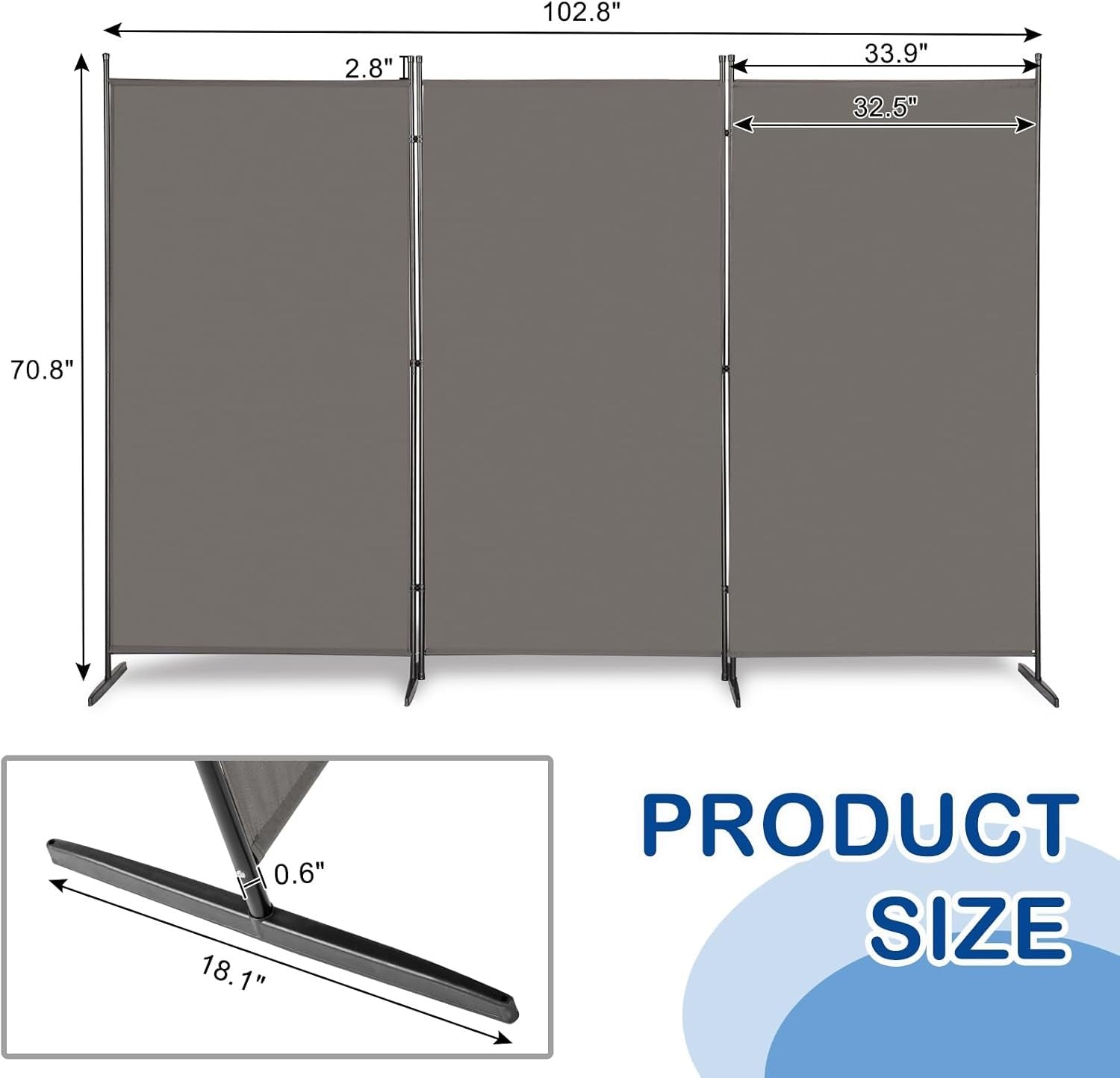 3 Panel Grey Folding Room Divider Privacy Screen Partition for Office Bedroom