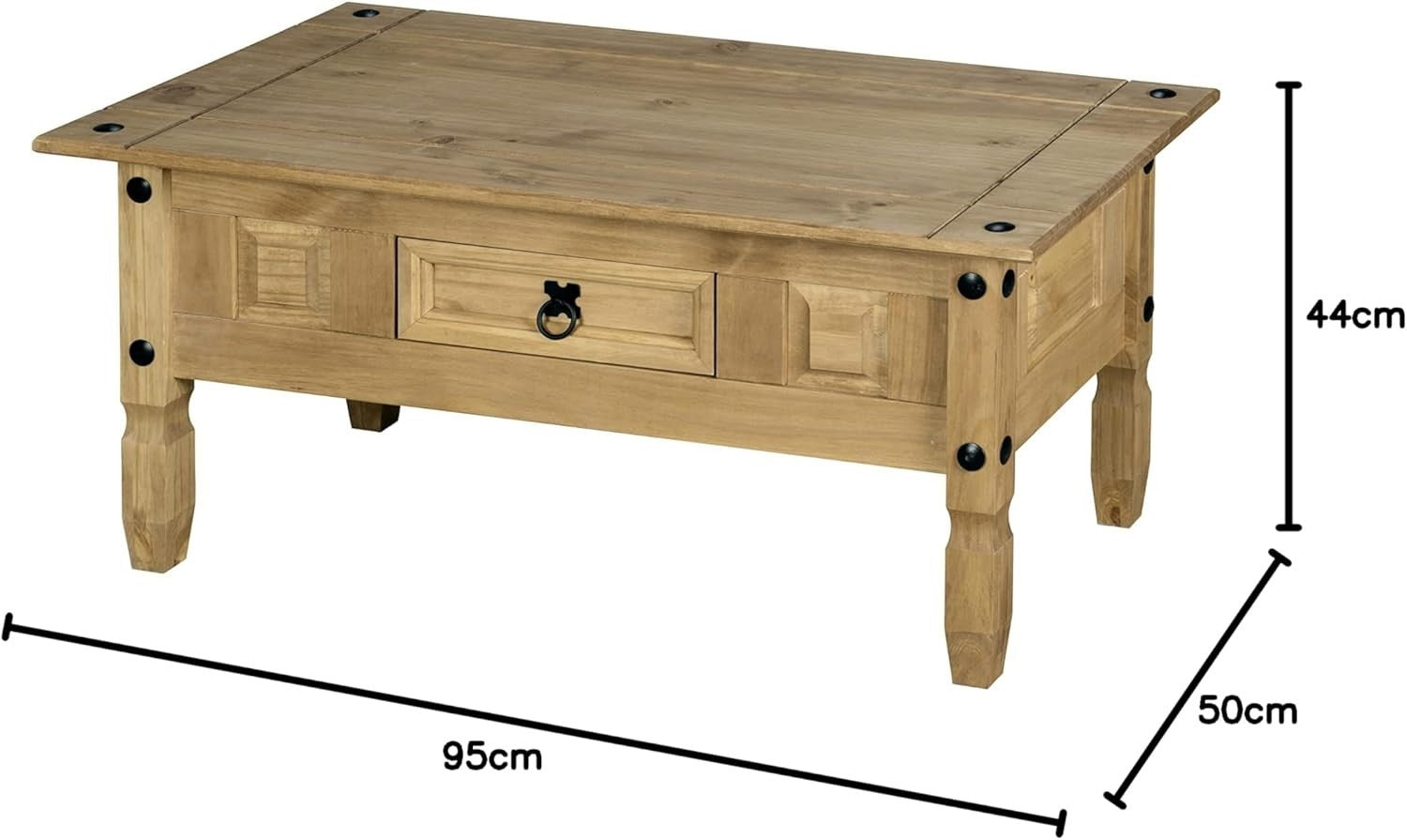 Solid Pine Coffee Table with Drawer & Wax Finish, Rectangular 95x50cm