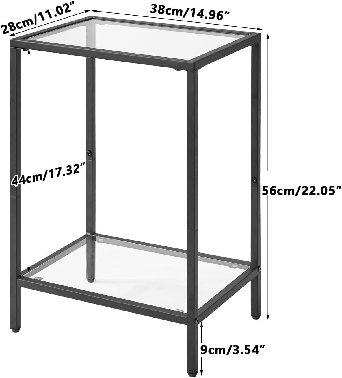Black 2-Tier Side Table 38x28x56 cm | Sofa & Bedside Table w/ Tempered Glass