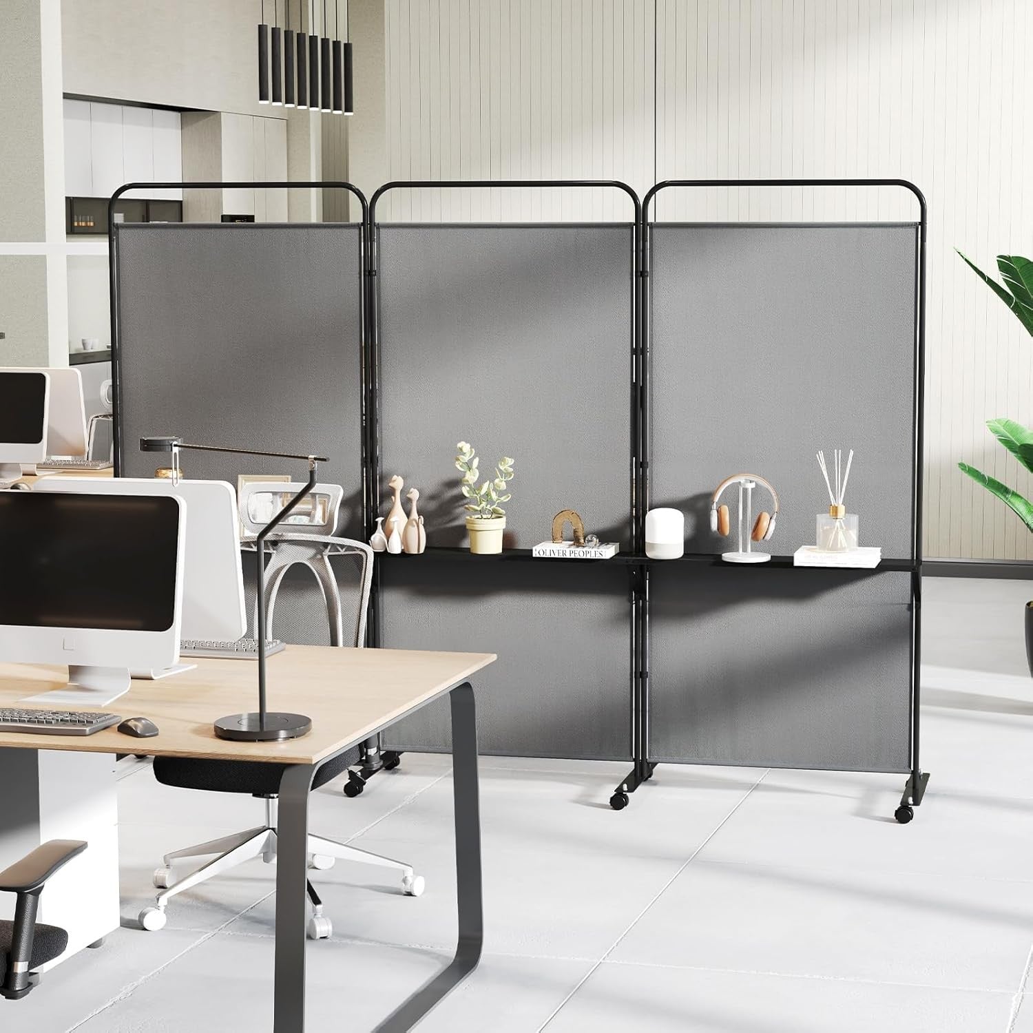 3 Panel Grey Folding Room Divider with Shelves & Wheels Privacy Screen 188cm