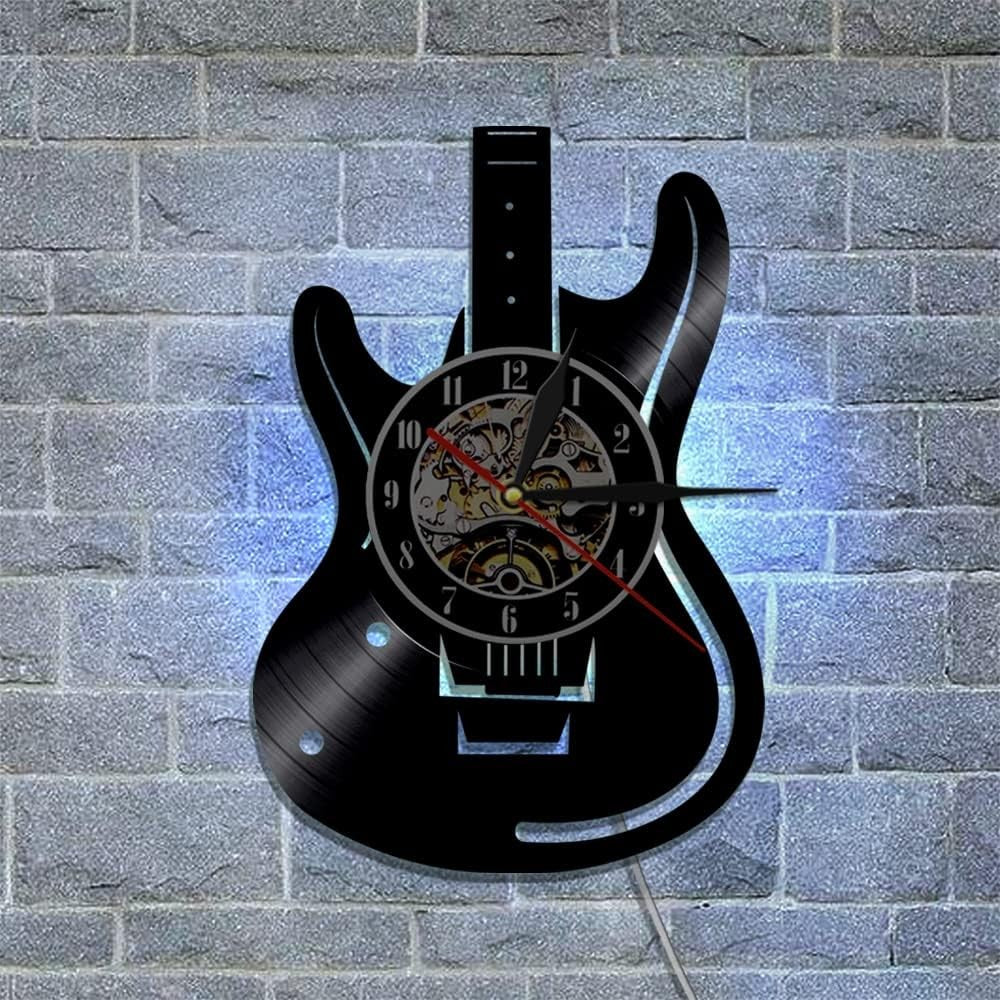 Guitar Vinyl Wall Clock with LED Light – 12" Music Note Decor for Bedroom & Stud
