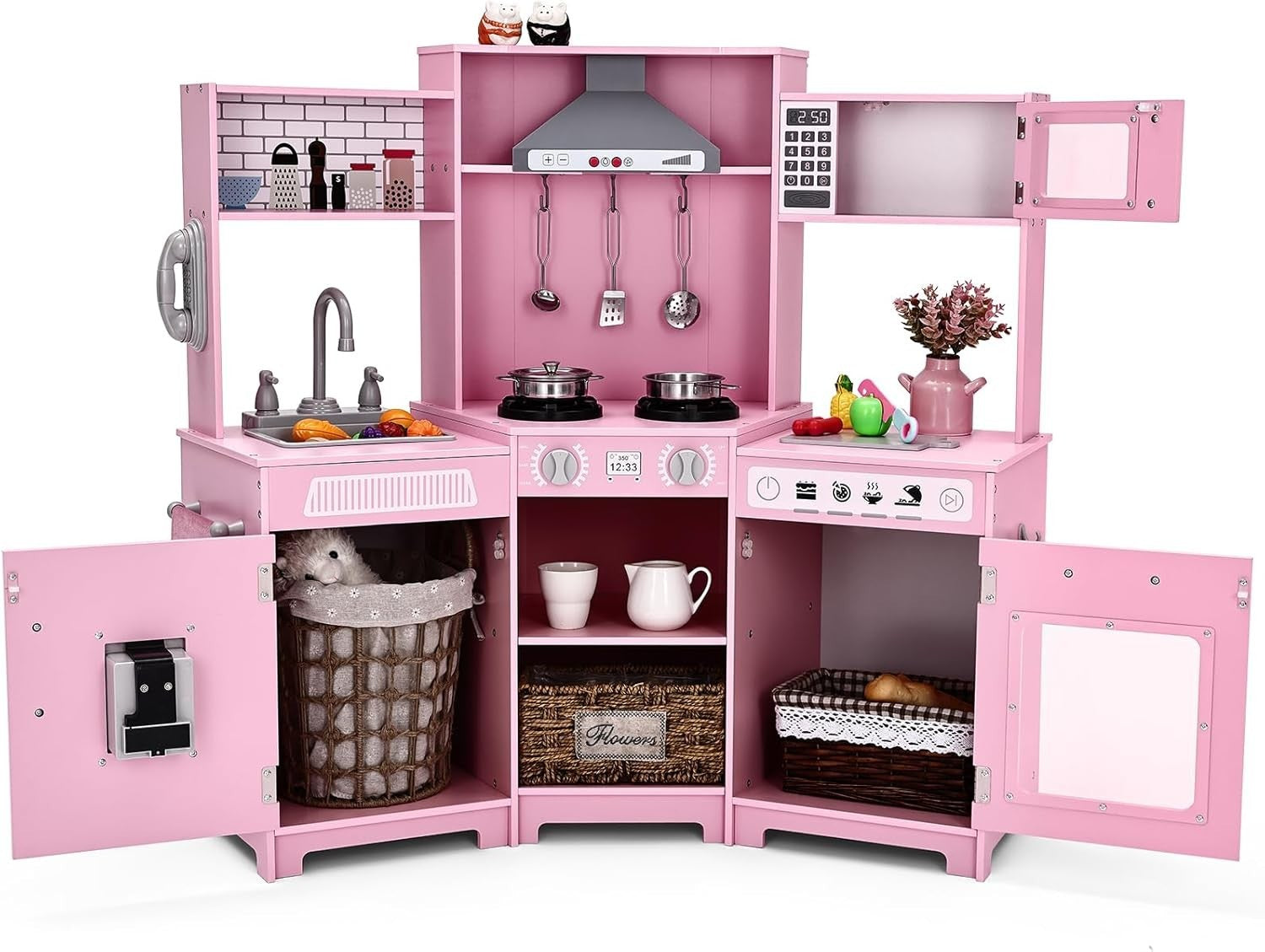 Corner Wooden Kids Play Kitchen Pink Lights Sounds Toy Set Large