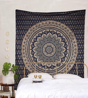 Boho Blue Gold Mandala Tapestry 52x82" Cotton Wall Decor