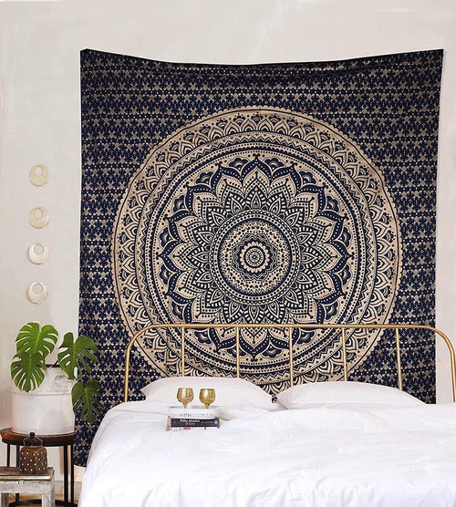 Boho Blue Gold Mandala Tapestry 52x82" Cotton Wall Decor