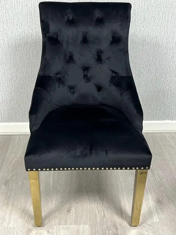 2 Black Velvet Dining Chairs Gold Legs Ring Back Tufted Studded Luxury