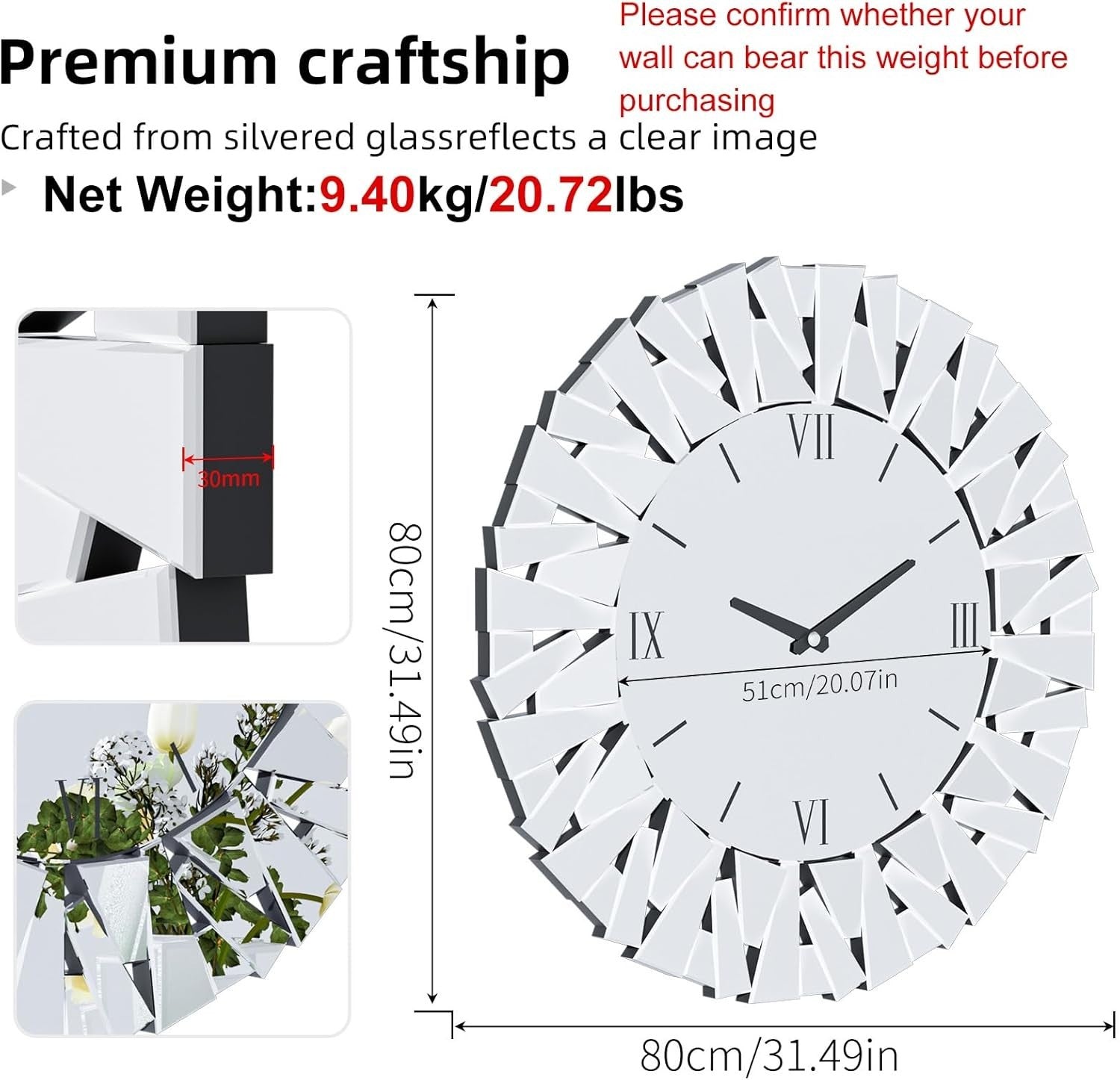 80cm Bevelled Mirror Wall Clock Silent Roman Luxury Glass Decor Round