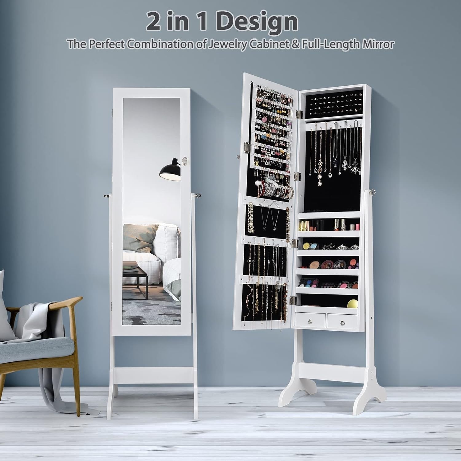 White Standing Jewelry Organizer Mirror Lockable Armoire Adjustable Angle