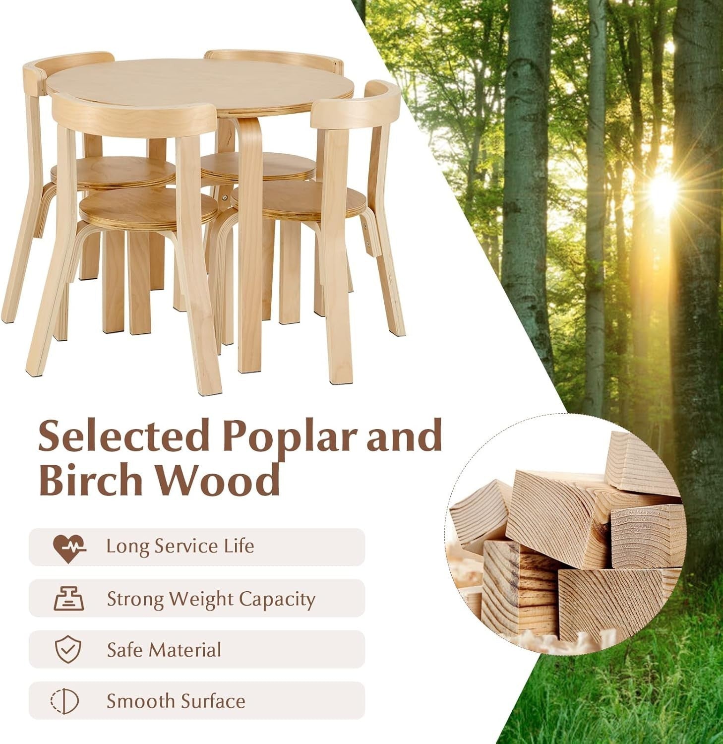 Kids 5-Piece Wooden Table & Chair Set with Ergonomic Chairs for Play & Learning