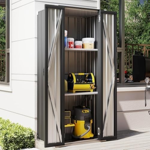 Metal Garden Storage Cabinet with 3 Adjustable Shelves Weatherproof Dark Grey
