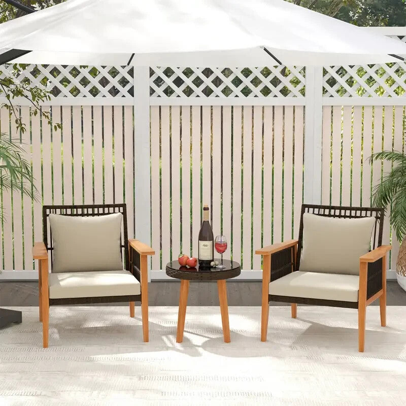 3pc Acacia Patio Chair Set with Cushions & Table – Outdoor Garden Rattan