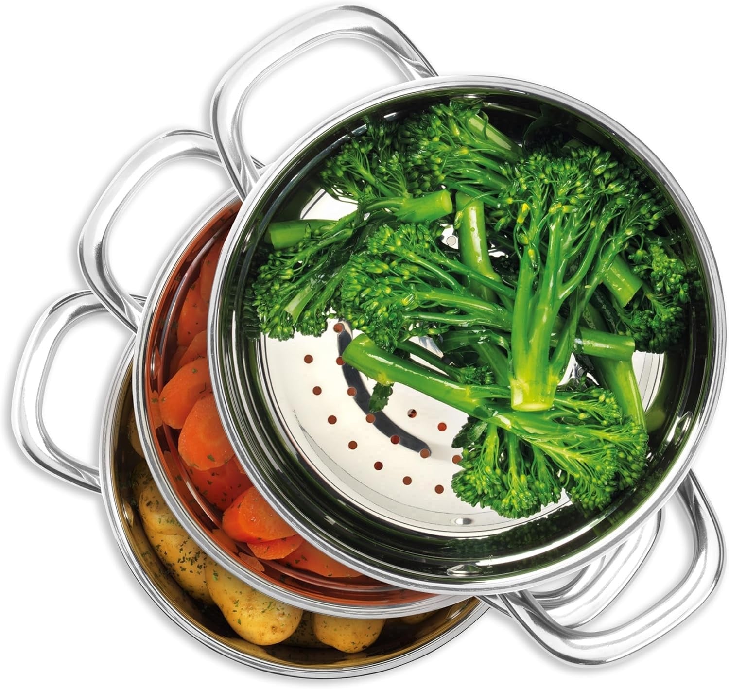 3 Tier Stainless Steel Induction Steamer Pot – 18 cm Stackable Cooking Pans