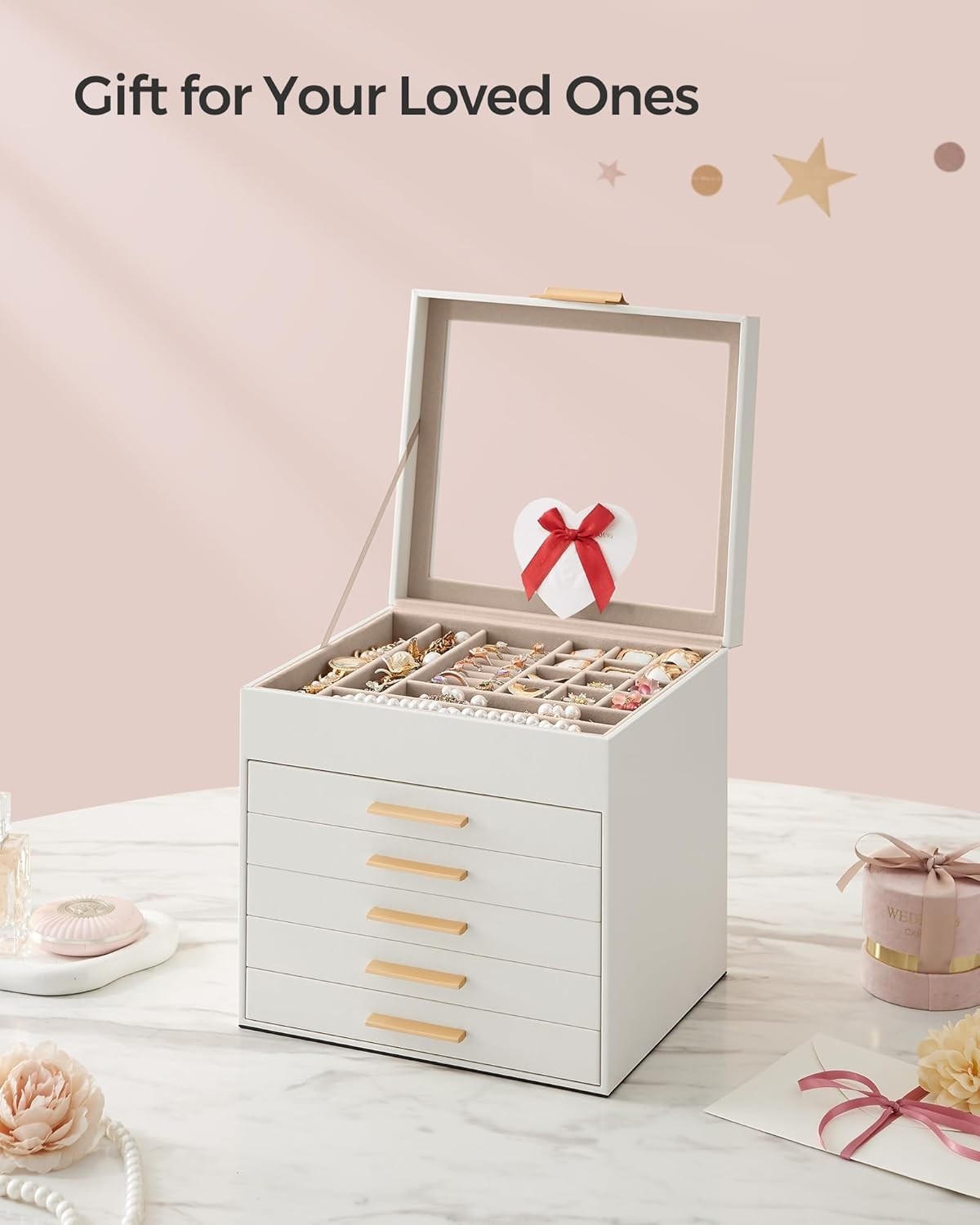 Cloud White Gold Jewellery Box Glass Lid 6 Layer Organizer with Drawers
