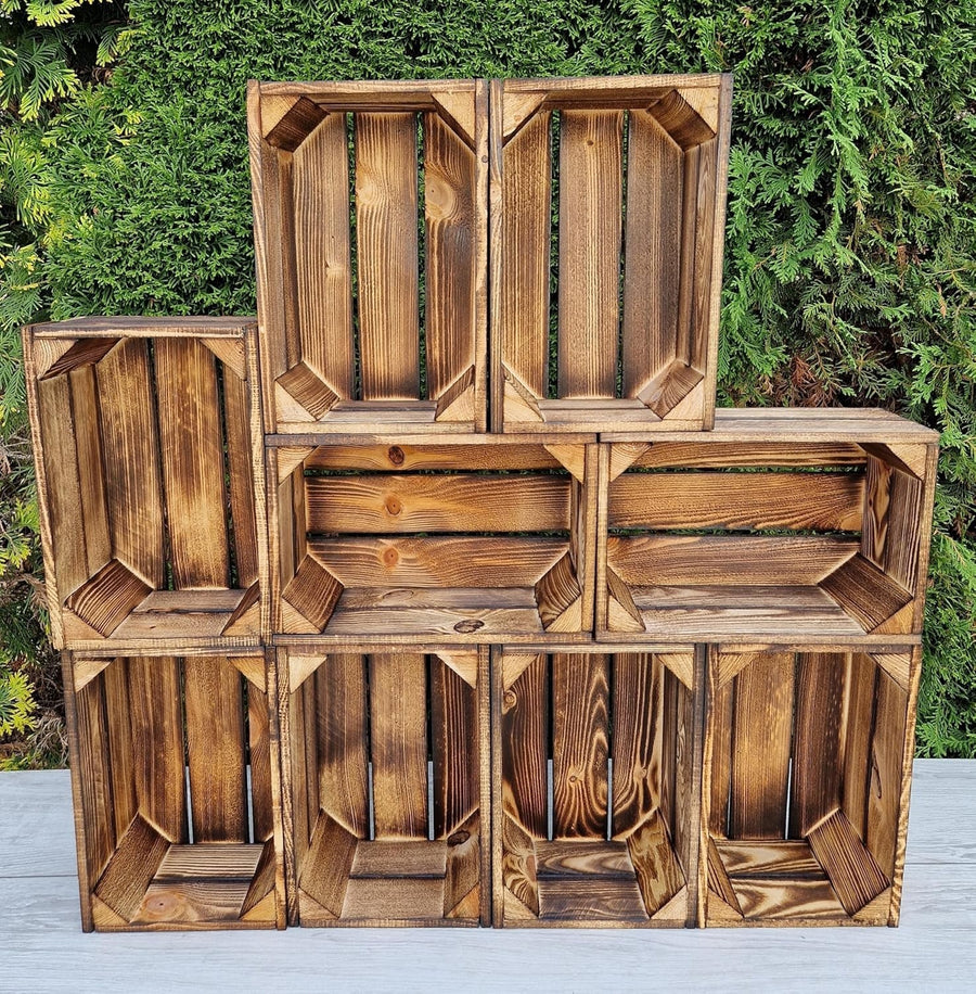 9-Piece Burnt Effect Wooden Storage Crates Organizer 30x20x15cm Durable