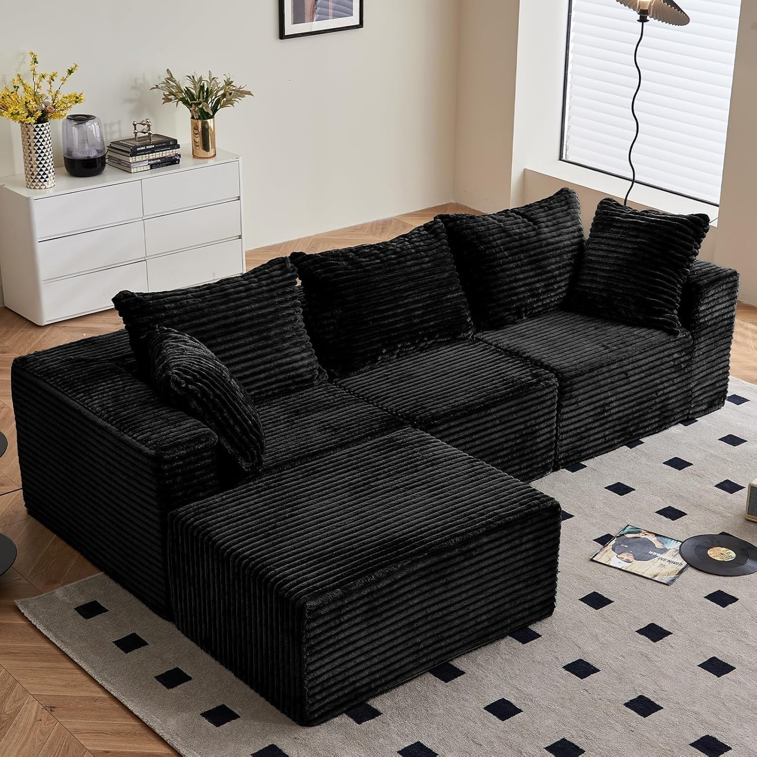 Modular 3/4 Seater Sofa Black Corner Couch No Assembly, Memory Foam, 274cm