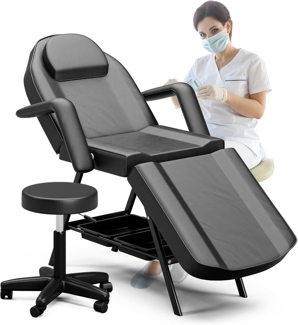 Adjustable 3-Section Beauty Massage Bed w/ Stool & Storage Shelves Black
