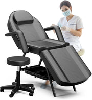 Adjustable 3-Section Beauty Massage Bed w/ Stool & Storage Shelves Black