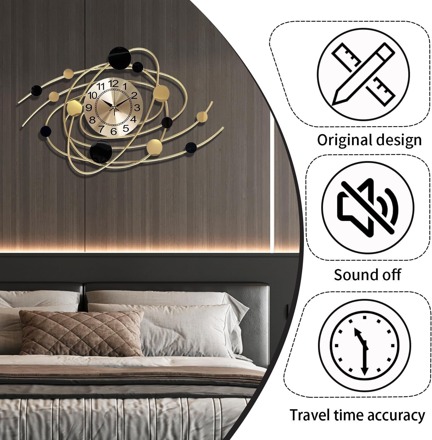 Large Silent Wall Clock Gold Art Deco Modern Home Decor 28.7" Oversized